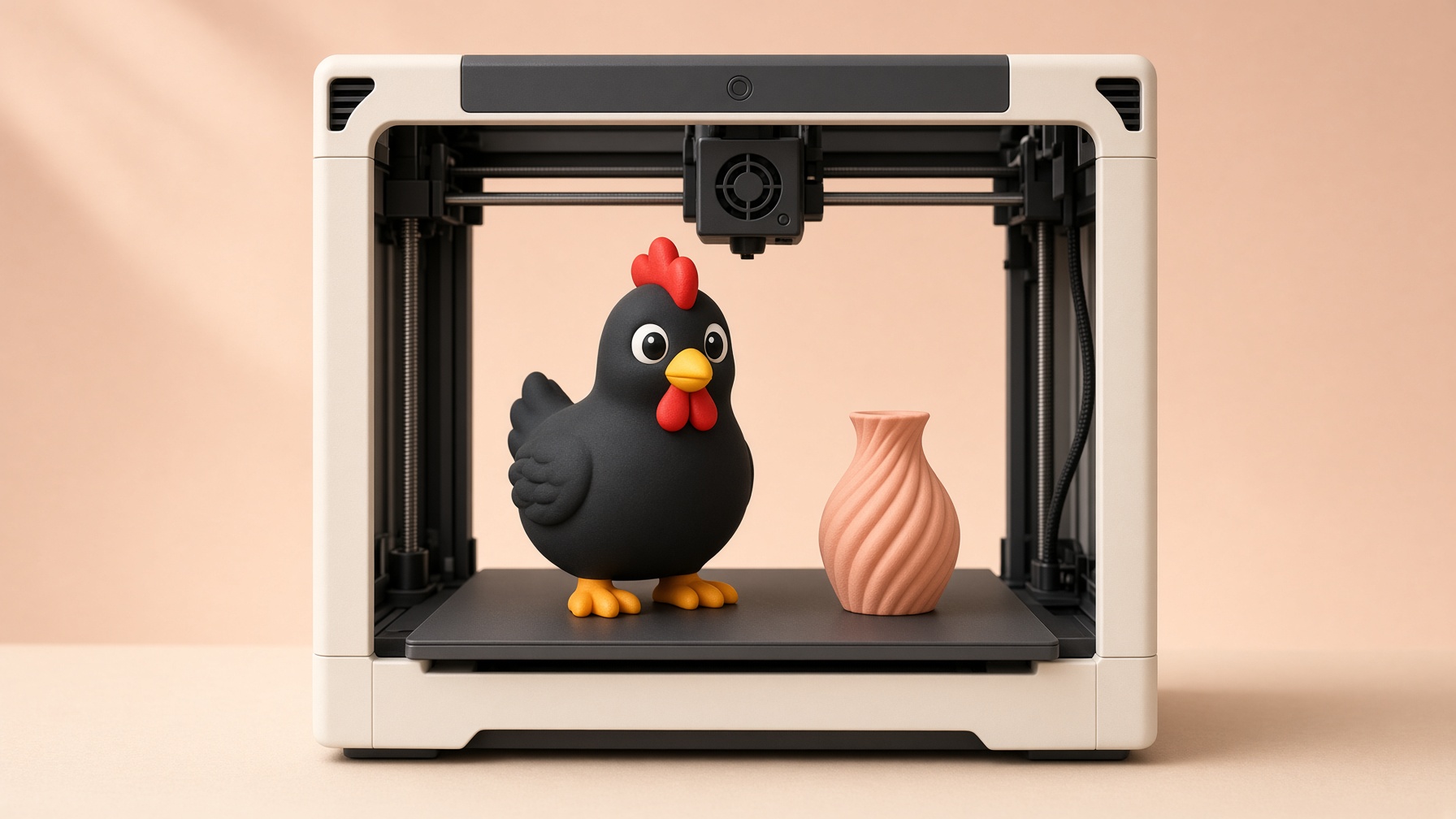 Poule noire imprimée, posée dans une imprimante 3D à côté d’un vase pêche